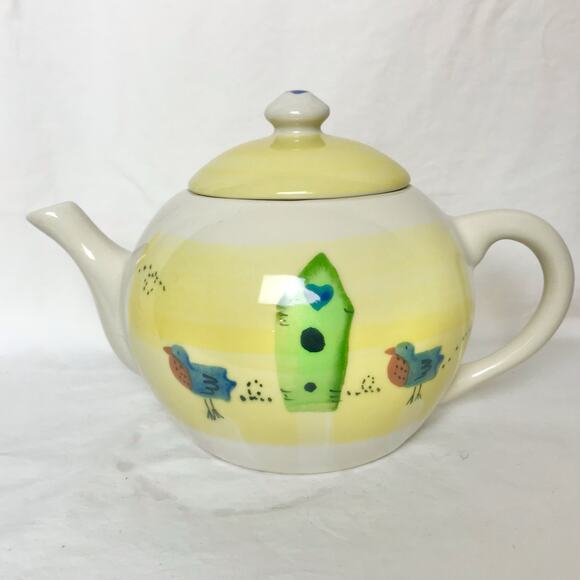 VTG Hartstone Birdhouse Yellow Spring Birds 1989 Ceramic Teapot With Lid USA - Picture 2 of 11